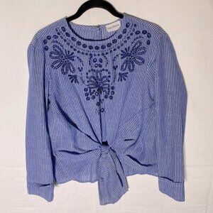Love+Harmony Blue White Striped Cotton Embroidered Eyelet Tie Front Blouse S